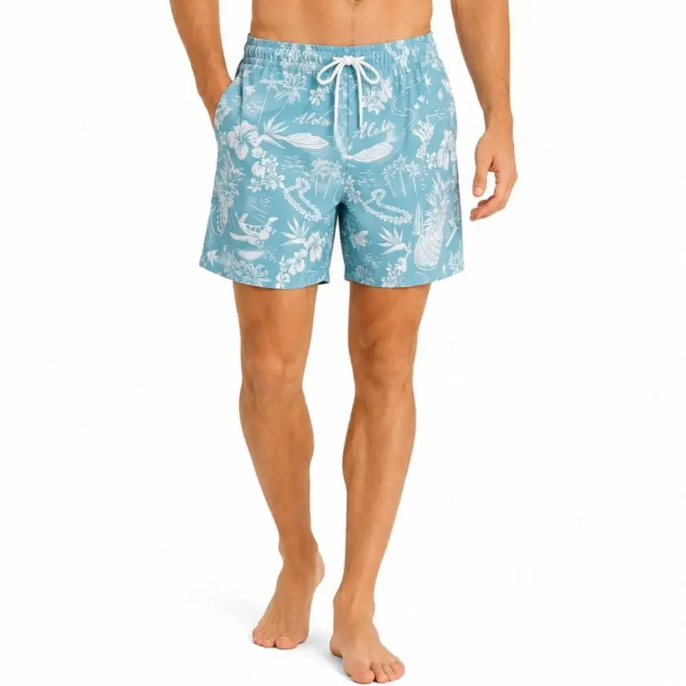 Goodfellow & Co Men's Tropical Swim Trunks Blue Hawaiian Print Drawstring Short
